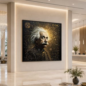 Può includere: Una stampa artistica da parete quadrata raffigurante un ritratto di Albert Einstein su uno sfondo nero pieno di formule matematiche e motivi geometrici dorati, inclusa l'equazione E=MC2 visualizzata nell'angolo in alto a destra.