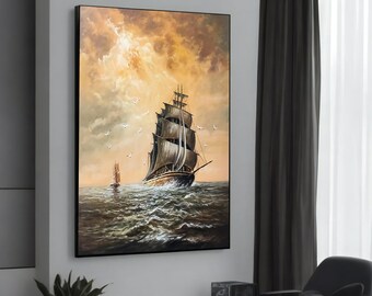 Golden Horizon: Ship Sailing Towards the Sunset, Stunning Seascape