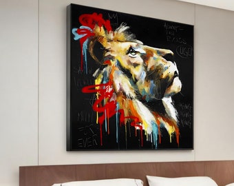 Graffiti Lion Canvas Painting - Bold Animal Art - Modern Wall Decor - Unique Home Decoration - Ready to Hang - Perfect Gift