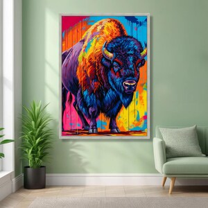 Levendige abstracte bizon canvas muurkunst, kleurrijke buffel schilderij, modern dierendecor, vet wildlife canvas, klaar om op te hangen woondecoratie afbeelding 1