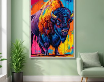 Vibrant Abstract Bison Canvas Wall Art, Colorful Buffalo Painting, Modern Animal Decor, Bold Wildlife Canvas, Ready to Hang Home Decoration