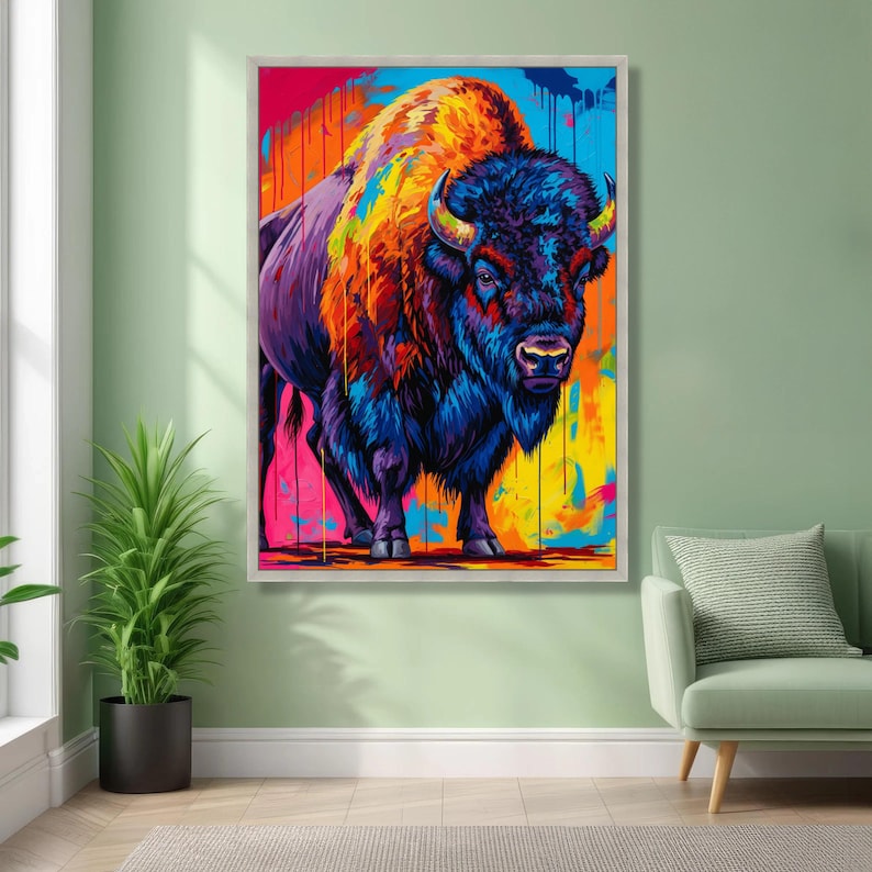 Levendige abstracte bizon canvas muurkunst, kleurrijke buffel schilderij, modern dierendecor, vet wildlife canvas, klaar om op te hangen woondecoratie afbeelding 1
