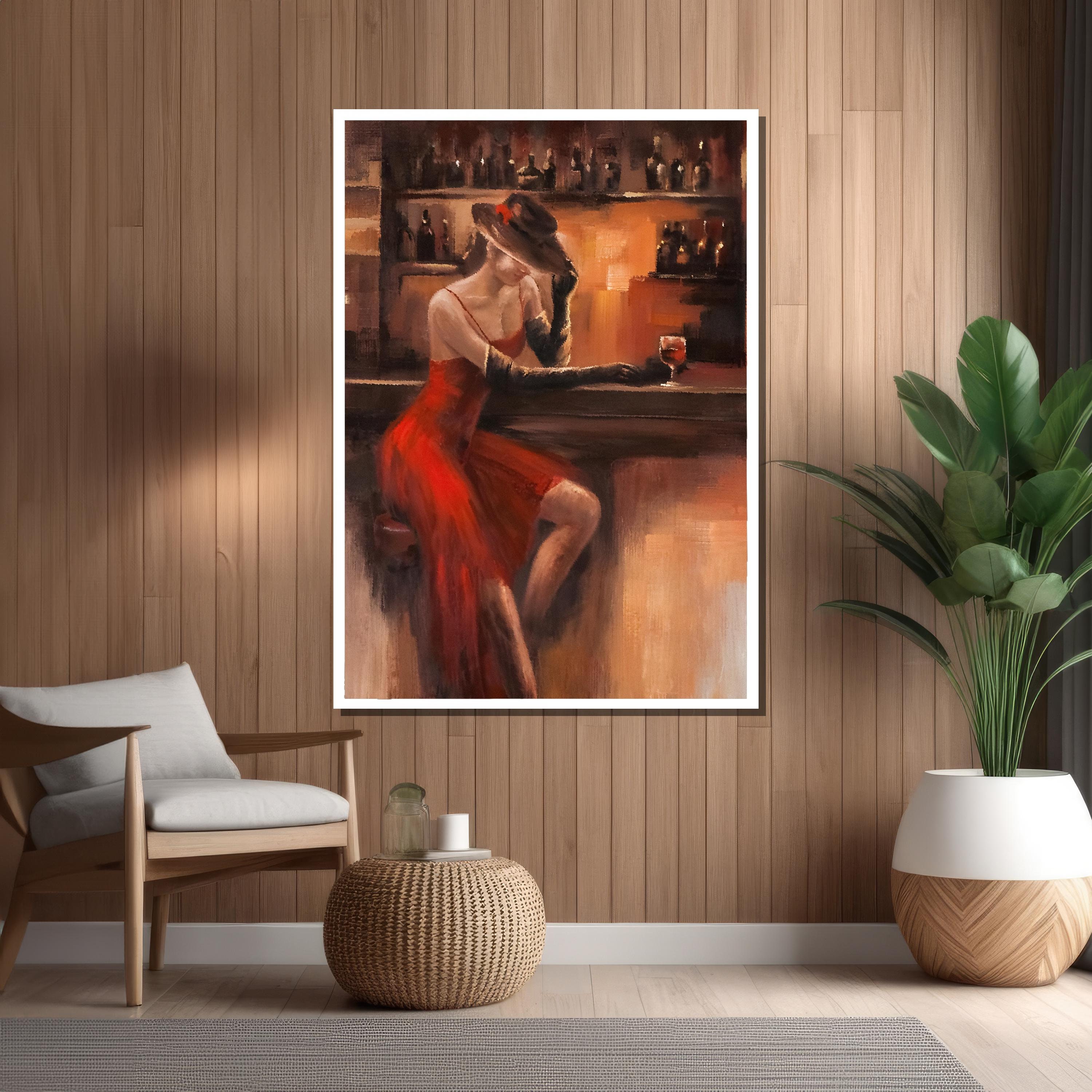 Elegant Lady in Red Canvas Painting - Timeless Bar Scene Art - Vintage ...