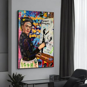 Colorful Banksy-Frida Kahlo Artist Canvas Art – Unique Graffiti Painting – Vibrant and Expressive Gift for Art Lovers