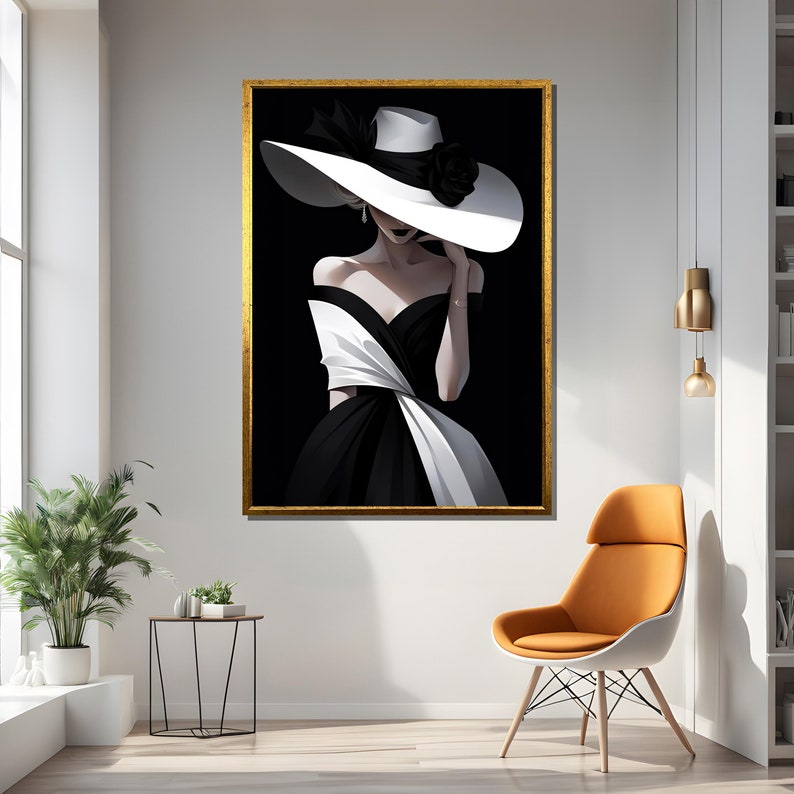 Elegant Lady in Hat Canvas Painting - Modern Black and White Fashion ...