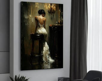 Elegant Evening Gown, Woman Sitting Canvas, Glamorous Wall Art, Bar Scene Print, Wall Art Canvas Design, Ready to Hang Decoration