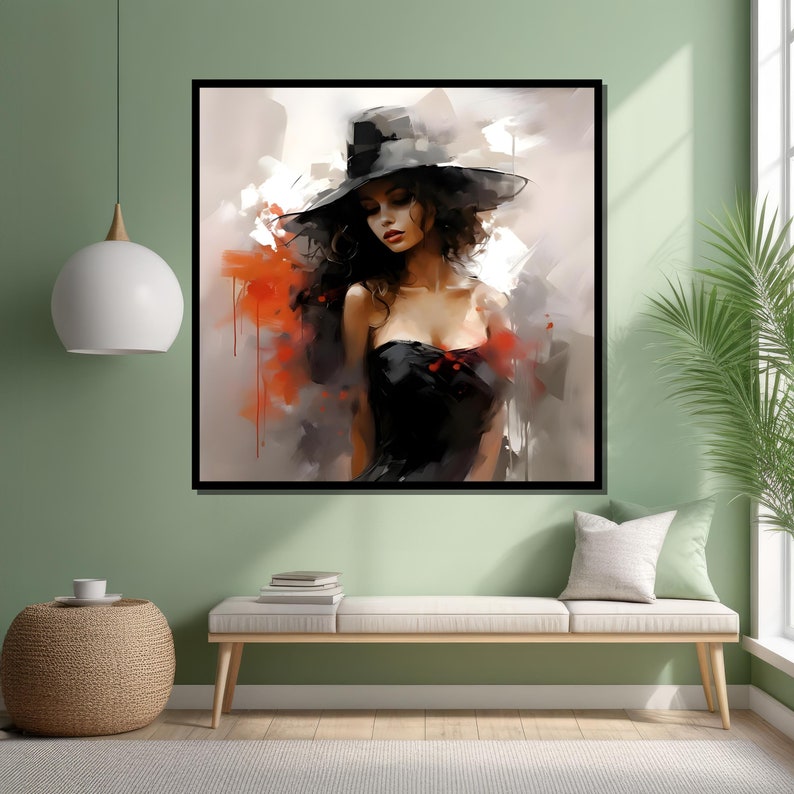 Timeless Elegance - Modern Canvas Painting of Woman in Black Hat and ...