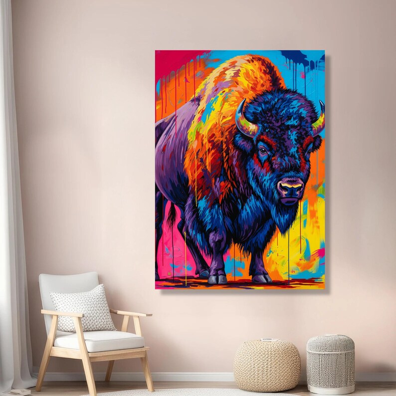 Levendige abstracte bizon canvas muurkunst, kleurrijke buffel schilderij, modern dierendecor, vet wildlife canvas, klaar om op te hangen woondecoratie afbeelding 6