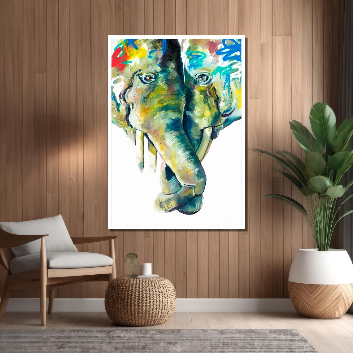 Colorful Elephant Couple Canvas Painting, Vibrant Animal Art, Bold and ...