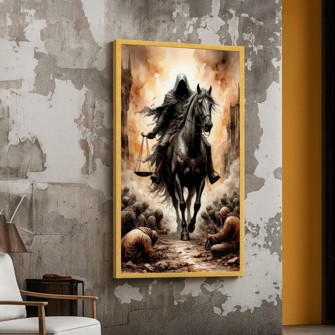 Dark Hooded Rider on Black Horse Canvas, Apocalyptic Fantasy Wall Art ...