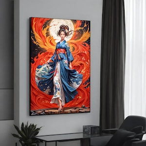 Elegant Geisha in Flowing Kimono with Fiery Background - Ethnic Canvas Painting, Perfect Gift for Japanese Art Lovers