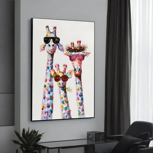 カラフルなキリンのキャンバス絵画、楽しい動物アート、風変わりで鮮やかな装飾、モダンなウォールアート、アート愛好家へのプレゼントに最適