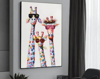 Kleurrijke giraffen canvas schilderij, leuke dierenkunst, eigenzinnig en levendig decor, moderne muurkunst, perfect cadeau voor kunstliefhebbers