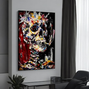 Vivid Banksy-Inspired Graffiti Canvas Art - Colorful Skull with Bold Brushstrokes - Ready-to-Hang Modern Wall Décor
