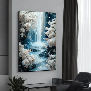 Lienzo de cascada serena, arte de arroyos florales, arte mural natural, impresión de cascada en flor, diseño de lienzo para arte mural, enmarcado y listo para colgar.