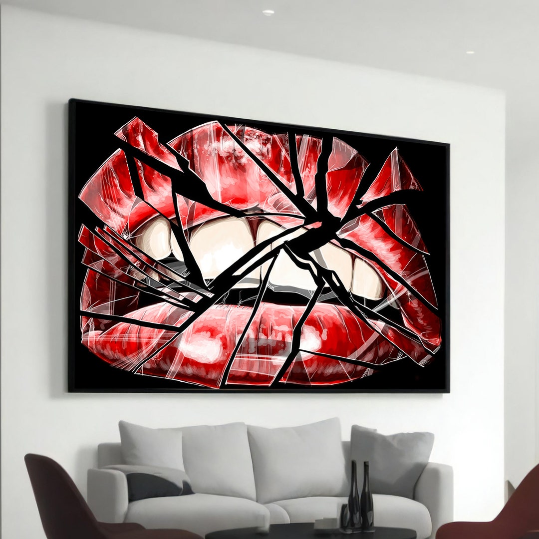 Shattered Red Lips Canvas Painting - Bold Modern Wall Art for Living ...