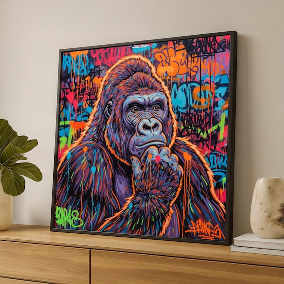 Vibrant Gorilla Graffiti Canvas, Colorful Street Art Wall Decor