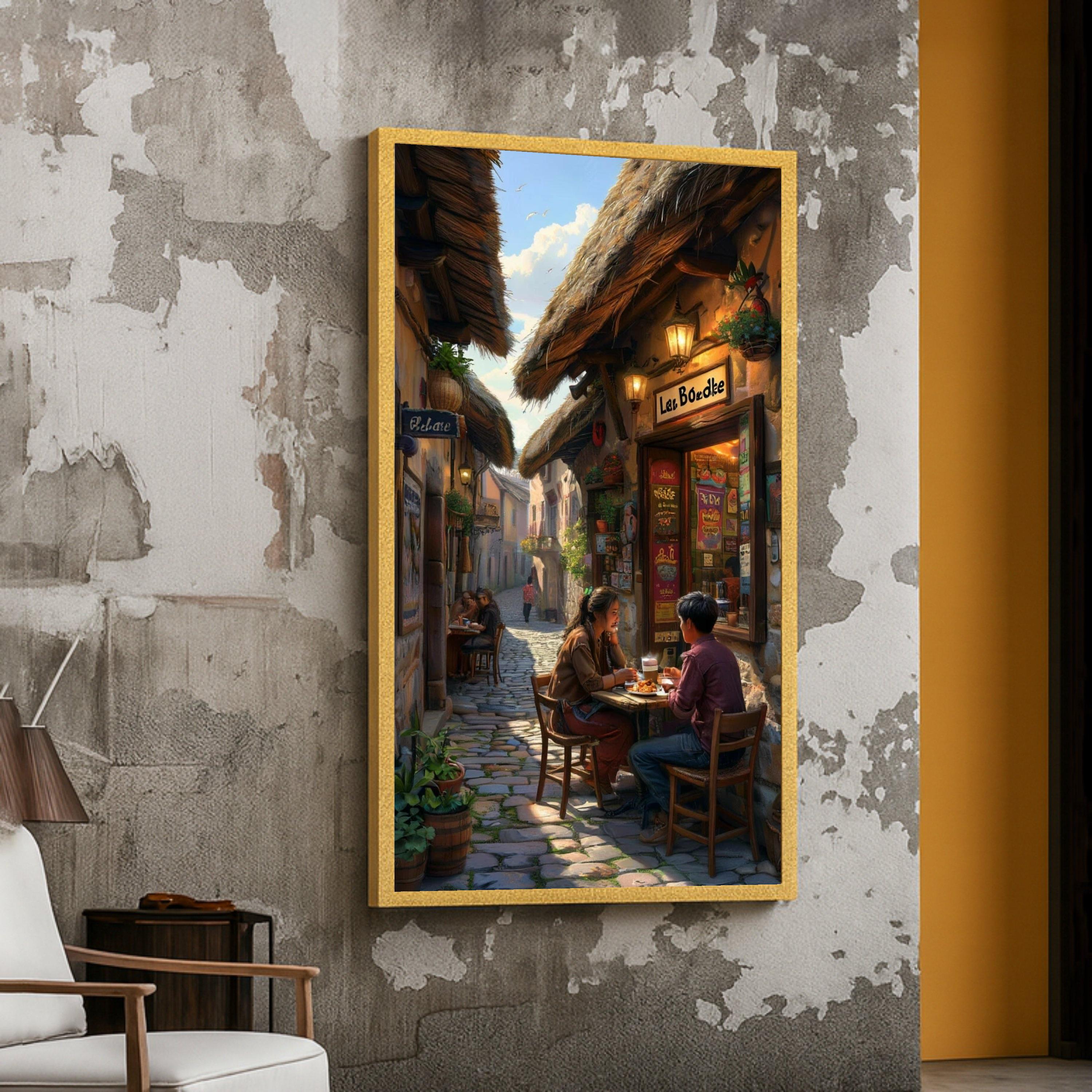 Cozy European Street Café Scene Canvas, Rustic Village Wall Art