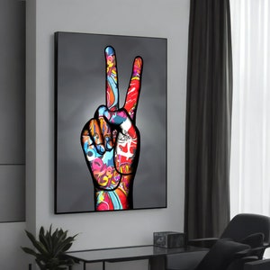 Colorful Peace Sign Hand Canvas Art – Vibrant Banksy-Inspired Graffiti Painting – Unique and Uplifting Gift for Art Lovers