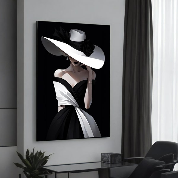 Elegant Lady in Hat Canvas Painting - Modern Black and White Fashion Art for Sophisticated Home Decor