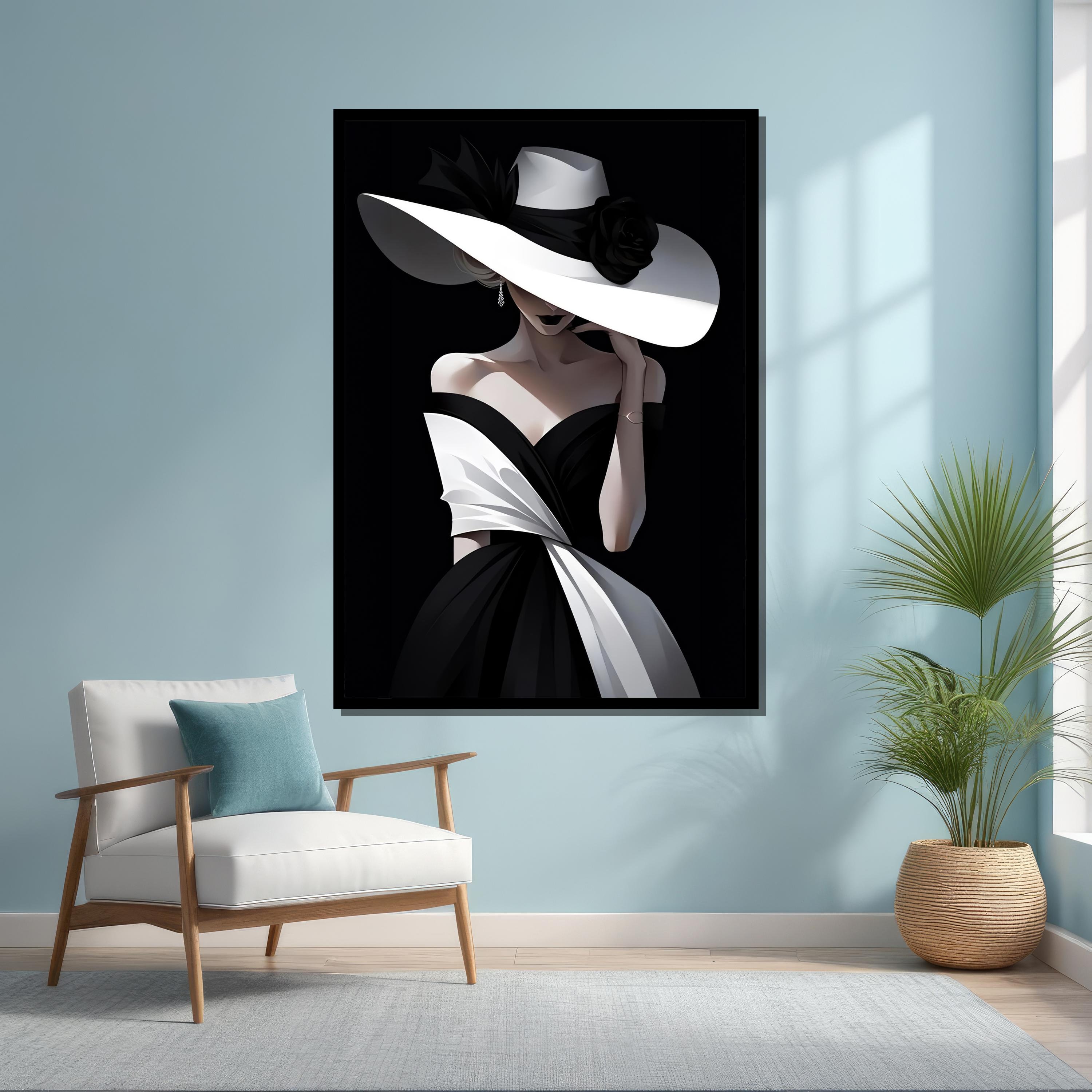 Elegant Lady in Hat Canvas Painting - Modern Black and White Fashion ...