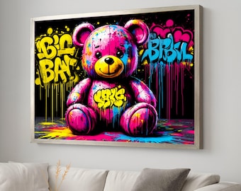 Colorful Graffiti Teddy Bear Canvas, Urban Street Art Wall Decor, Pop Art Animal Canvas, Vibrant Kids Room Decoration