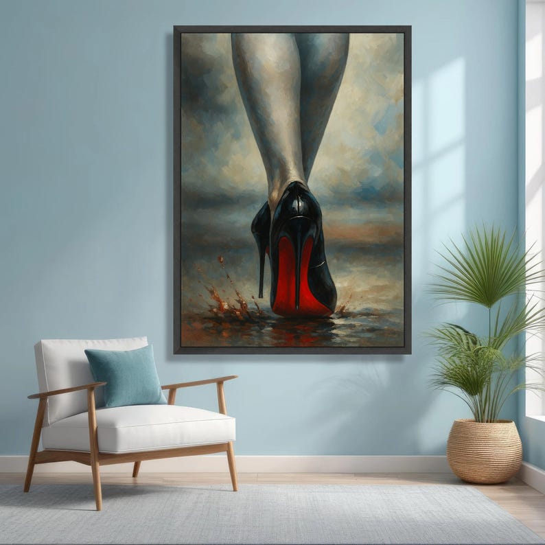 Elegant Black High Heels Canvas, Red Sole Shoes Wall Art, Fashion Footwear Painting, Modern Glamour Decor, Stylish Women’s Canvas Print image 3