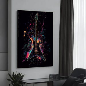 Neon Guitar Canvas, Music Art Print, Electric Guitar Wall Art, Colorful Canvas Design, Music Lovers Decor, Ready To Hang Decoration