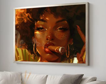 Bold Afro Woman with Cigar Canvas, Artistic Portrait Wall Art, Modern Urban Decor, Smoky Expression Painting, Statement Canvas Print