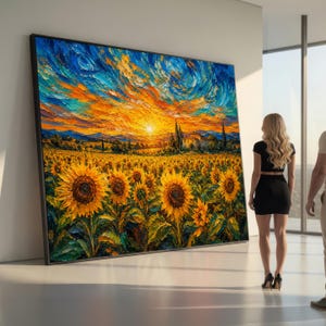 Könnte beinhalten: Ein großes, rechteckiges gerahmtes Wandbild mit einem lebendigen Ölgemälde eines Sonnenblumenfeldes unter einem dramatischen Sonnenuntergangshimmel mit wirbelnden Wolken in Orange-, Gelb- und tiefen Blautönen an einer weißen Wand.