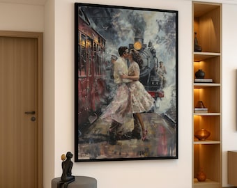 Romantic Vintage Train Station Kiss Canvas, Couple in Love Wall Art, Retro Travel Scene, Nostalgic Home Decor, Expressive Canvas Painting
