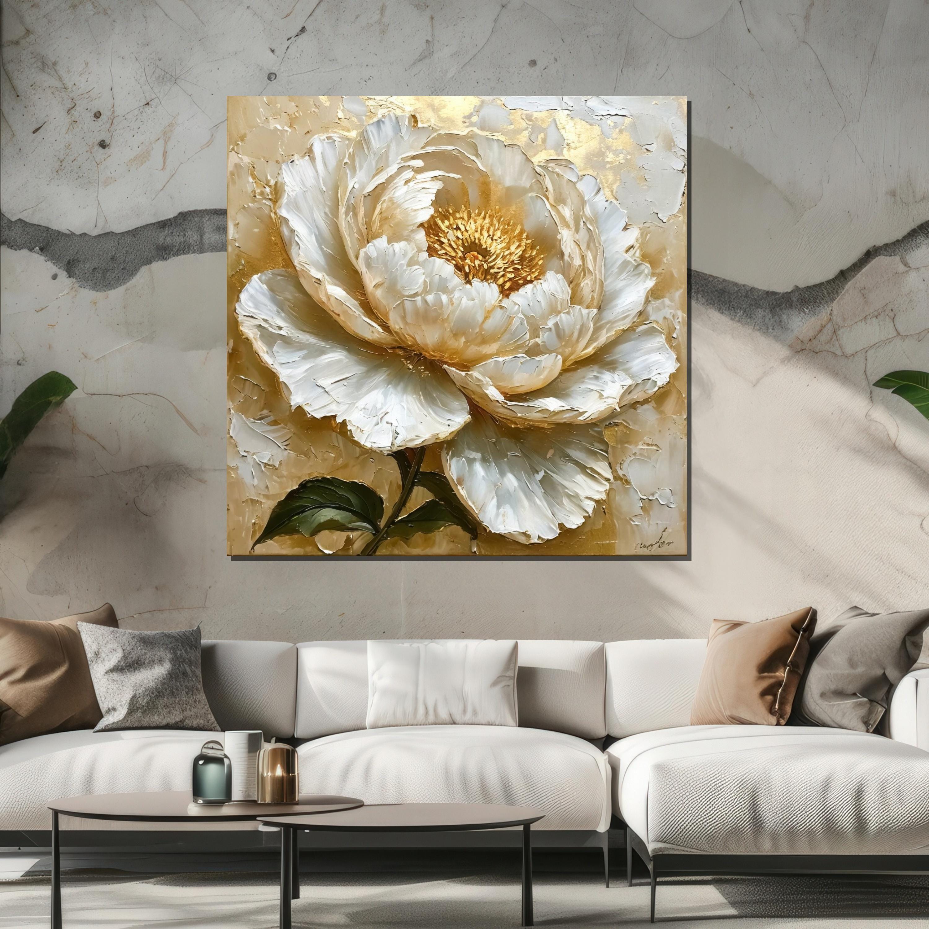 White Peony Canvas, Floral Wall Art, Textured Flower Painting, Wall Art ...