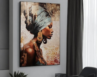 May include: A painting of a woman with dark skin wearing a blue headscarf and gold jewelry. The background is a textured, abstract design in shades of brown, gold, and red.