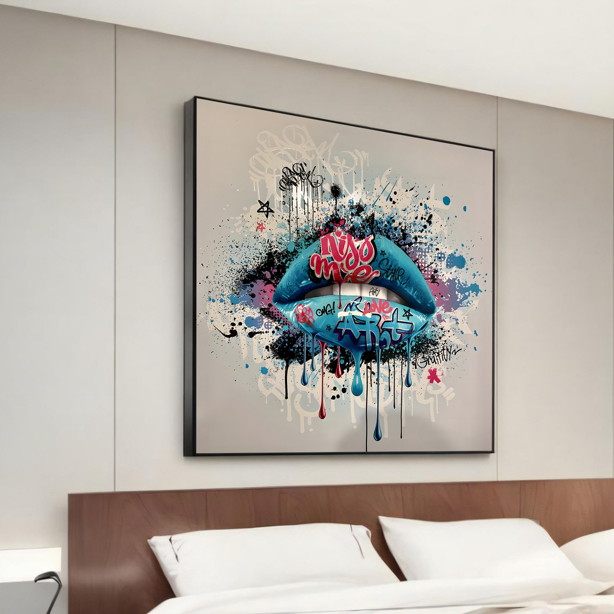 Colorful Urban Lips: Banksy-inspired Graffiti Pop Art Canvas