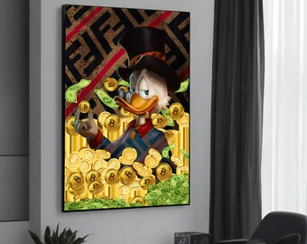 Rich Duck with Bitcoins Canvas Art – Modern Banksy-Inspired Graffiti Painting – Unique and Quirky Gift for Art Lovers