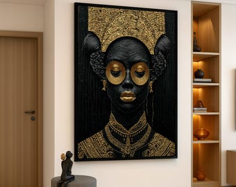 Elegant African Woman Portrait Canvas, Black and Gold Modern Wall Art, Ethnic Fashion Decor, Contemporary Canvas Painting, Home Accent Piece