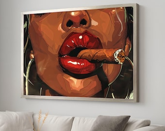 Bold Red Lips with Cigar Canvas, Urban Pop Art Wall Decor, Modern Statement Canvas, Edgy Portrait Wall Art, Ready to Hang Home Decoration
