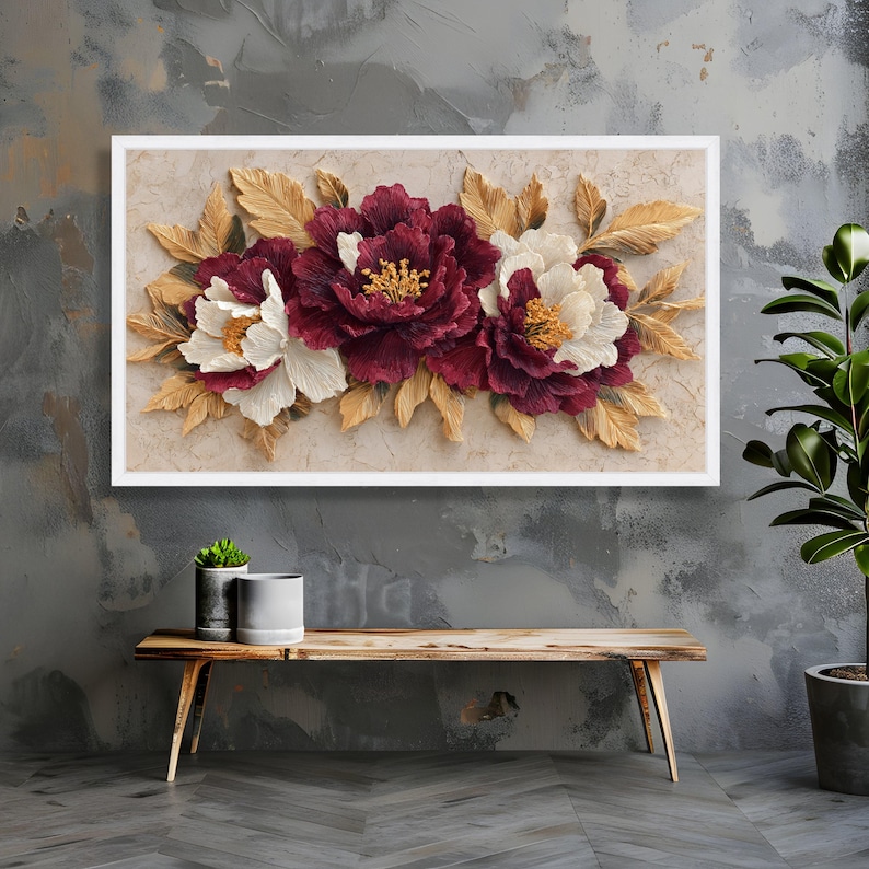 Elegant Burgundy and White Peony Canvas Wall Art, Floral Gold Leaves ...