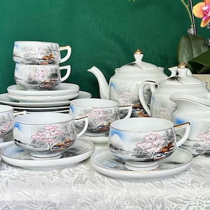 Vintage Kutani Japanese Eggshell Porcelain Tea Set - Hand-Painted Sakura & Pagoda Design - 24 Piece Bone China Tea Service