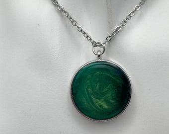 Handmade Lunar Moss Resin Pendant Necklace, Forest Inspired, Green Shimmer, Stainless Steel Chain
