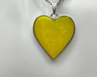 Yellow Resin Heart Pendant Necklace | Shimmer Finish Stainless Steel Chain