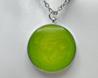 Handmade Resin Pendant Necklace | Lime Green Yellow Shimmer, 18 Inch Chain