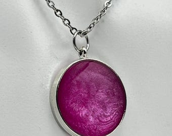 Rose Silk Pink Pearl Shimmer Necklace – Handmade Round Resin Pendant – Stainless Steel Chain – Gift for Her