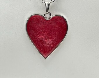 Cherry Pearl Red Heart Necklace – Handmade Pearl Shimmer Resin Pendant – Stainless Steel Chain – Gift for Her