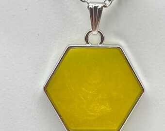 Golden Ember Hexagon Resin Pendant Necklace | Yellow Shimmer Geometric Jewelry