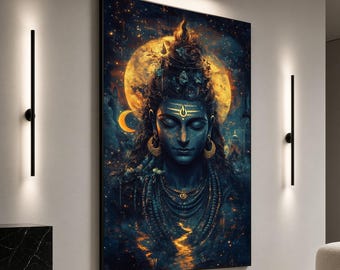 May include: A large rectangular wall art print featuring a blue-skinned deity with closed eyes, adorned with necklaces and a crescent moon symbol on the forehead, set against a dark cosmic background with a glowing golden moon.
