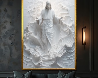 Jesus Christ Canvas Painting, Abstract Religious Wall Art, White Spiritual Artwork, Christian Home Decor, Divine Faith Gift