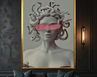 Busto de Medusa con pinceladas rosas: lienzo pintado a mano, arte minimalista y audaz, decoración de pared moderna para el hogar.