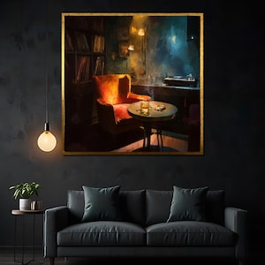Moody Canvas Painting of Cozy Jazz Club Interior with Armchair, Whiskey Glass, Cigarette Smoke and Vinyl Player Wall Art Gift