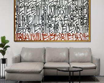 Abstract Calligraphy-Inspired Canvas Painting - Bold Black and Red Wall Art, Unique Modern Gift Idea for Home or Office Decor
